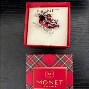 5 items x $25 Monet Festive Red and Silver Sleigh Brooch NEW